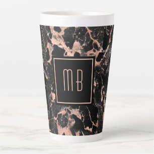Tasse Latte Marbre Noir Or Rose Monogramme Élégant 