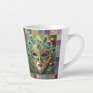Tasse Latte Mardi Gras Gold Ceramic Peacock Feature Masque