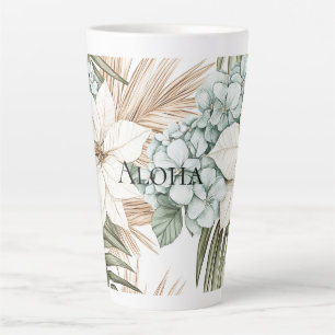 Tasse Latte Mariage Fleurs Blanches Bleues Tropicales