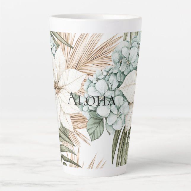 Tasse Latte Mariage Fleurs Blanches Bleues Tropicales (Devant)