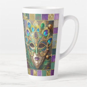 Tasse Latte Masque de plumes de paon en céramique Mardi Gras G