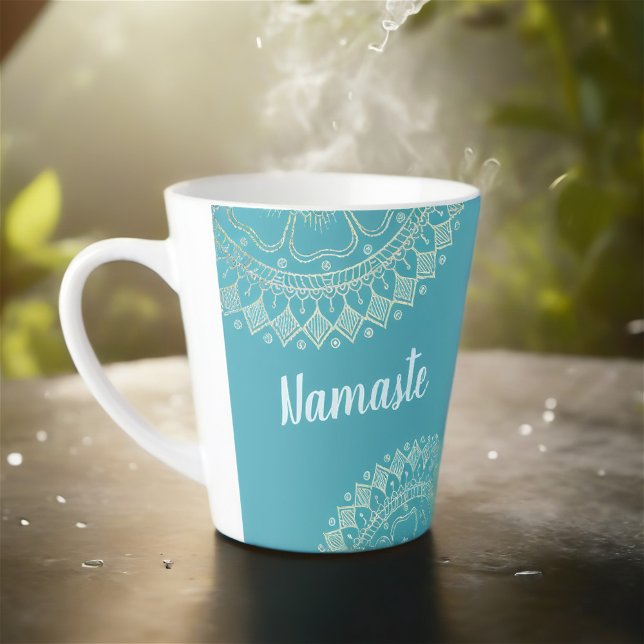 Tasse Latte Méditation Yoga Instructeur Vert Bleu Or Mandala (Créateur téléchargé)