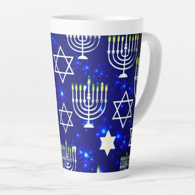 Tasse Latte Ménorah Bleu et Blanc Hanoukka (Angle droit)