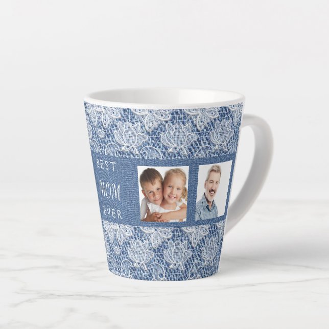 Tasse Latte Mère bleu denim dentelle collage photo (Angle droit)