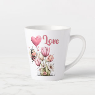 Tasse Latte Mignonne abeille amour cœur et floral 