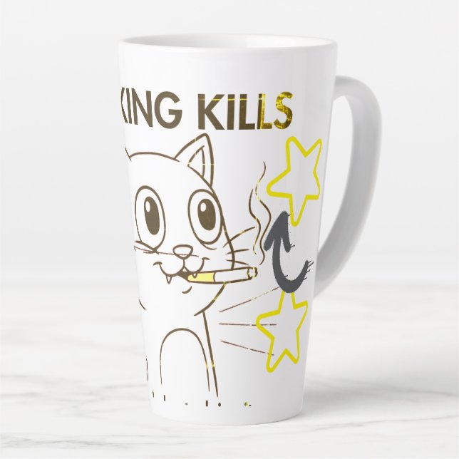 Tasse Latte Mignonne Chat - Fumer tue Drôle Conception Anti-Fu (Angle droit)