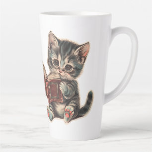 Tasse Latte Mignonne chat lecture livre enfants rétro illustra