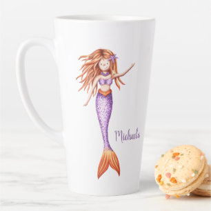 Tasse Latte Mignonne sirène avec Cheveux rouge pourpre orange