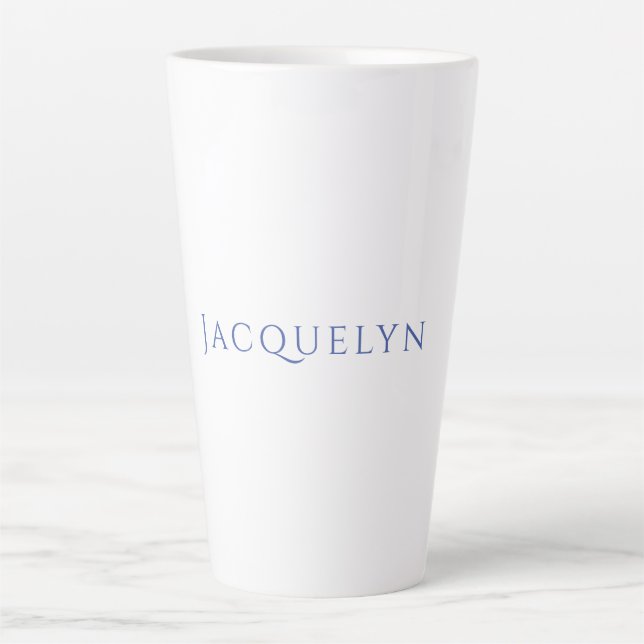 Tasse Latte Minimalist White Blue Plain Elegant Modern Name (Devant)