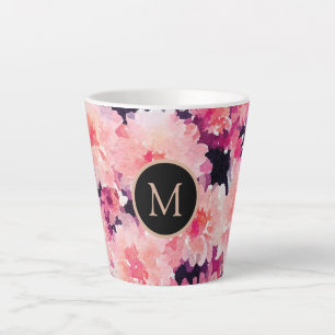 Tasse Latte monogramme Abstrait d'aquarelle rose