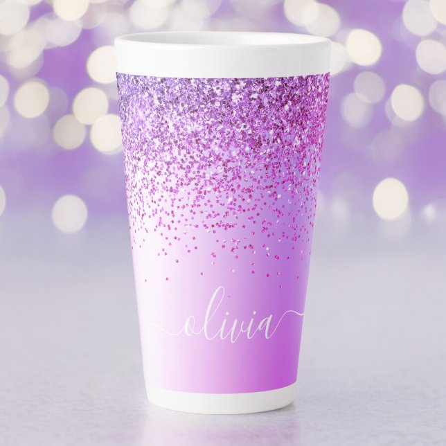 Tasse Latte Monogramme de nom en métal pailleté violet (Créateur téléchargé)