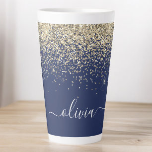 Tasse Latte Monogramme de nom féminin à paillettes bleu marine