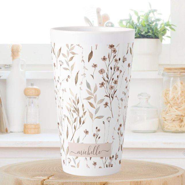 Tasse Latte Monogramme Delicate Fleurs sauvages Brown Feuilles (In situ)