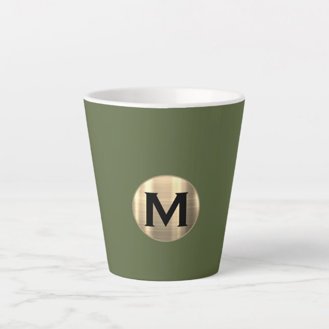 Tasse Latte Monogramme d'or vert olive moderne (Devant)