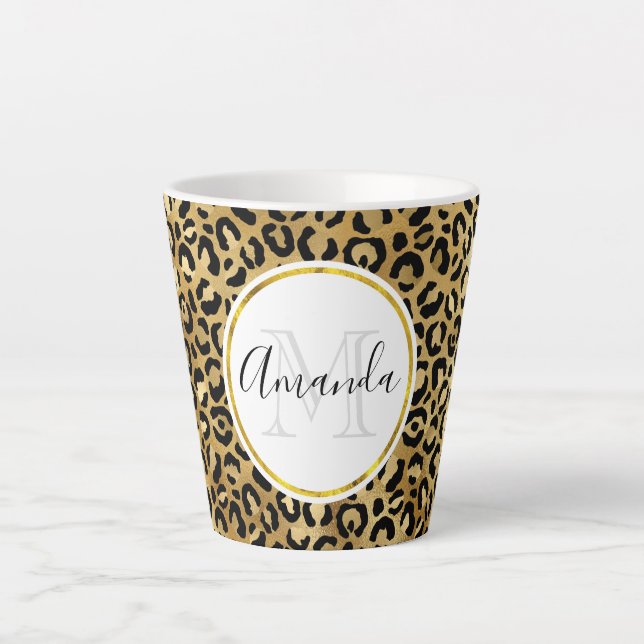 Tasse Latte Monogramme Empreinte de léopard sauvage et exotiqu (Devant)