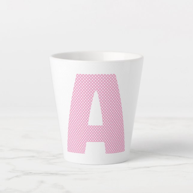 Tasse Latte Monogramme en gras avec point rose clair et blanc  (Devant)
