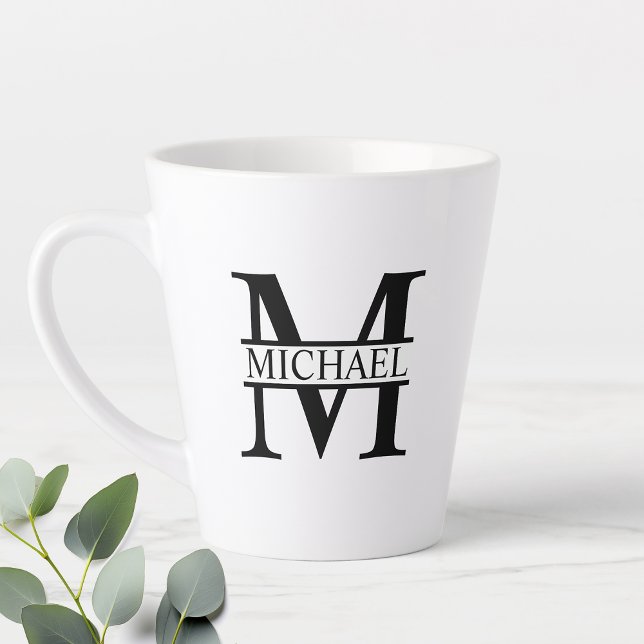 Tasse Latte Monogramme et nom personnalisés noir et blanc (Créateur téléchargé)