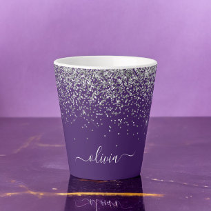 Tasse Latte Monogramme Féminin Paillettes Argent Violet