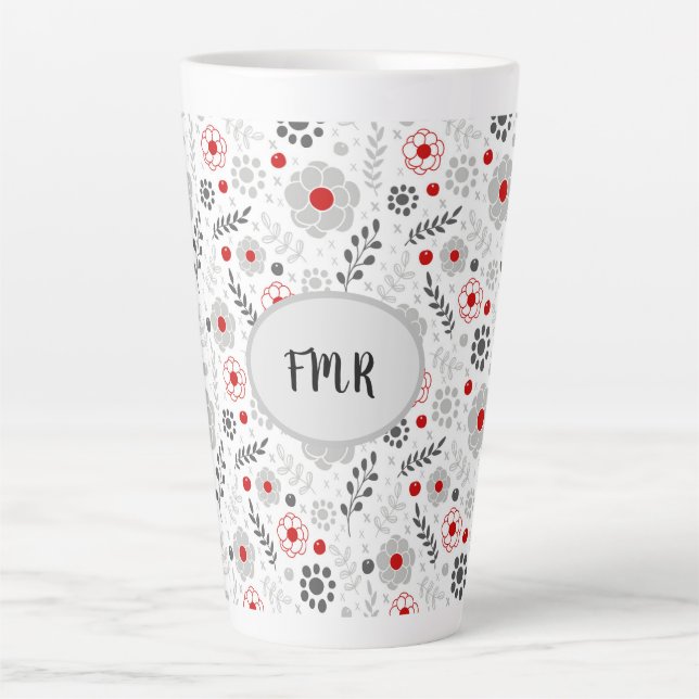 Tasse Latte Monogramme floral rouge gris moderne (Devant)