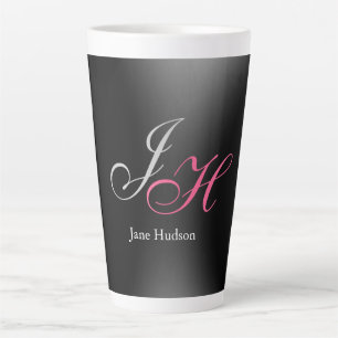 Tasse Latte Monogramme gris noir Nom Lettres initiales Script