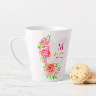 Tasse Latte Monogramme Initial Floral Rose Aquarelle Rose Clai