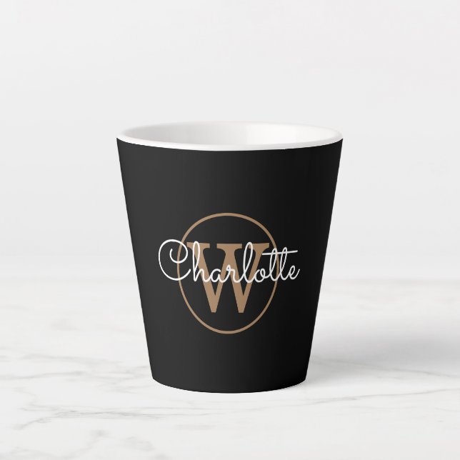 Tasse Latte Monogramme Or Élégant Script de fille Noir (Devant)
