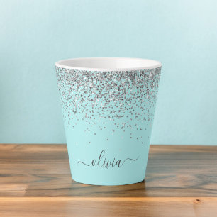 Tasse Latte Monogramme Pailleté Bleu Aqua Turquoise Argent