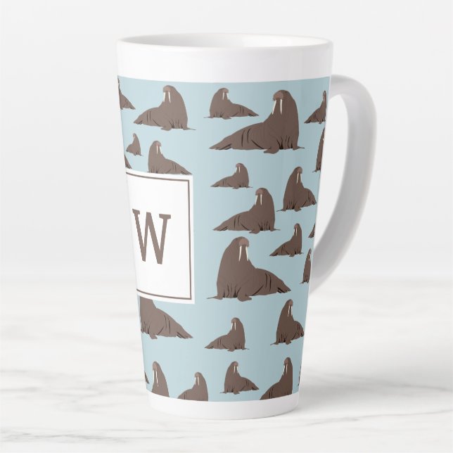 Tasse Latte Monogramme personnalisé Cute Walrus Motif (Angle droit)