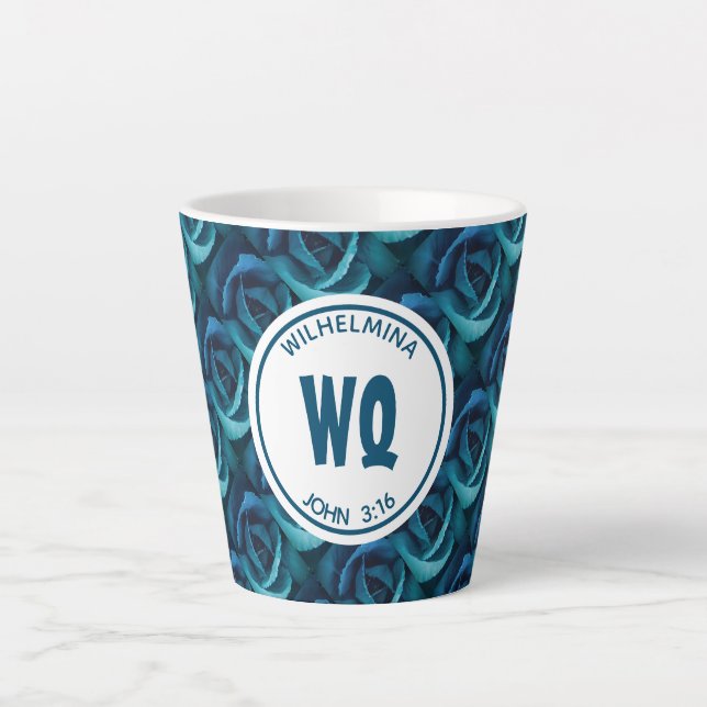 Tasse Latte Monogramme personnalisé Rose bleu Christian (Devant)