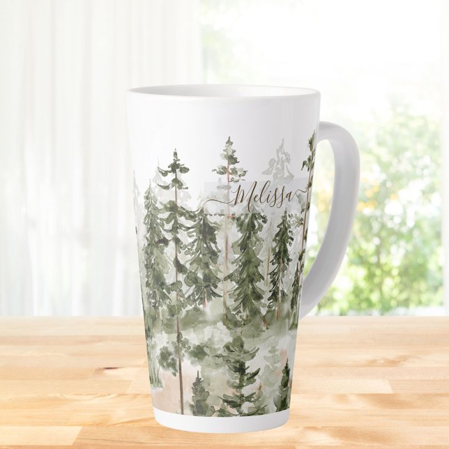 Tasse Latte Monogramme Rustique Aquarelle Forêt Verte (In situ Kitchen table)
