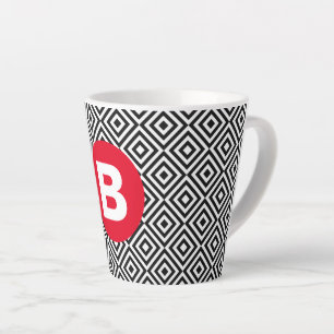 Tasse Latte Motif géométrique noir et blanc Monogramme rouge