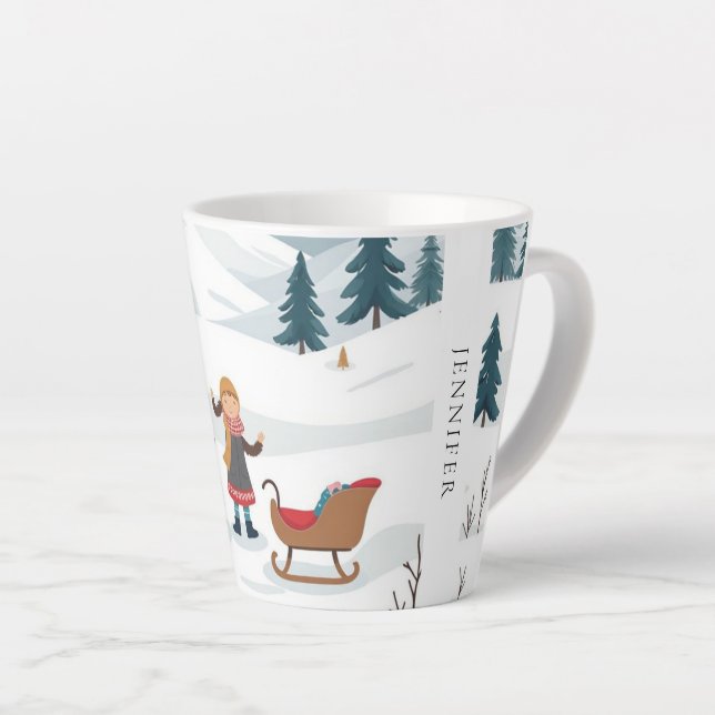 Tasse Latte Motif neige de Noël mignon monogrammed (Angle droit)