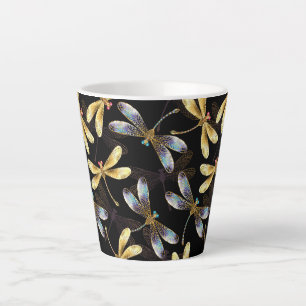 Tasse Latte Motif sans couture avec libellules dorées
