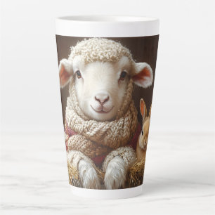 Tasse Latte Moutons et lapin douillets en Grange avec Fleurs