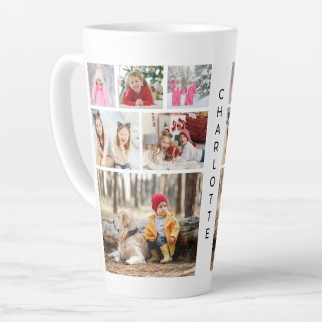 Tasse Latte Multiphoto Collage moderne Nom personnalisé (Angle gauche)