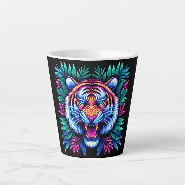 Tasse Latte Neon Tiger et feuilles de la jungle (Devant)