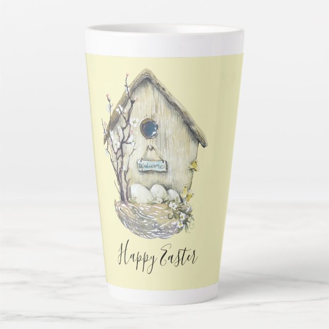 Tasse Latte Nid d'OEufs de maison d'aquarelle Pâques (Devant)