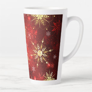 Tasse Latte Noël Golden Snowflakes sur Arrière - plan rouge