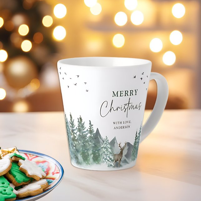 Tasse Latte Noël Vert Aquarelle Pine Forêt Vacances (Créateur téléchargé)