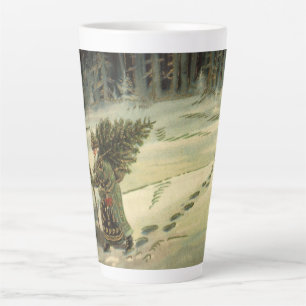 Tasse Latte Noël vintage, le Père Noël porte un arbre