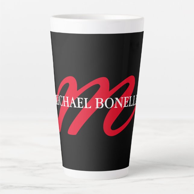 Tasse Latte Noir moderne rouge monogramme professionnel (Devant)