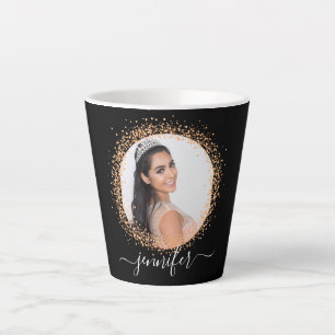 Tasse Latte Noir rose or nom de photo script glamour