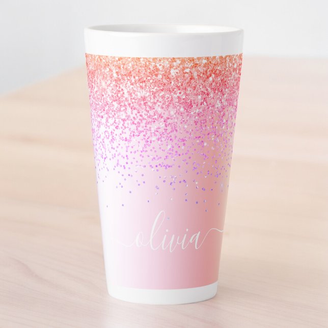 Tasse Latte Nom de monogramme métallique pailleté girly pastel (Créateur téléchargé)
