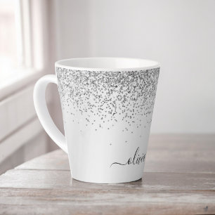Tasse Latte Nom de monogramme métallisé paillettes argentées