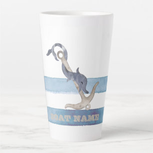 Tasse Latte Nom du bateau, Ancre Dauphin Bleu clair rayures