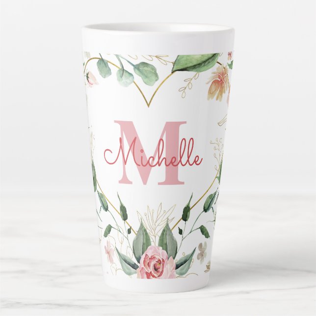 Tasse Latte Nom du monogramme Rose Rose Rose Rose Aquarelle Fl (Devant)