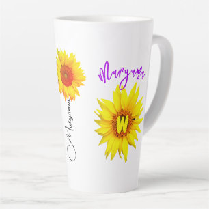 Tasse Latte Nom floral et monogramme Tournesol personnalisé
