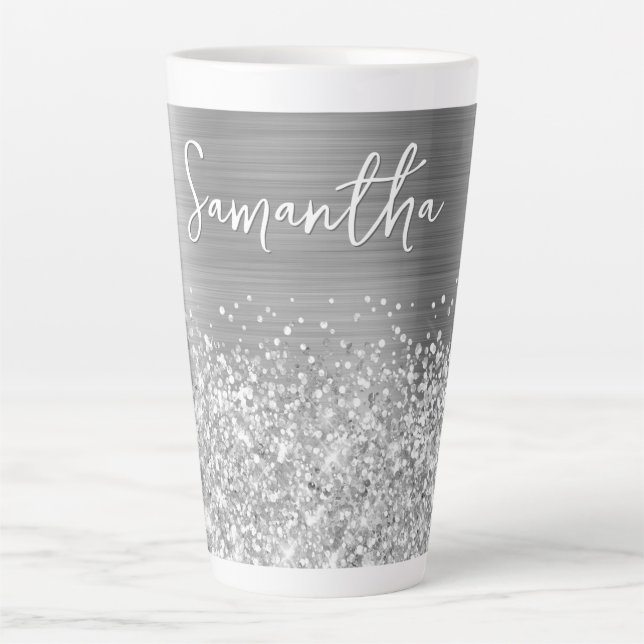 Tasse Latte Nom Pailleté Argent Glamour (Devant)