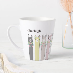 Tasse Latte Nom personnalisé Llamas colorés rétro mignons