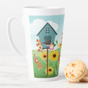 Tasse Latte Nom personnalisé / Maison d'oiseau et jardin de fl